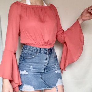 Coral chiffon bell sleeve top